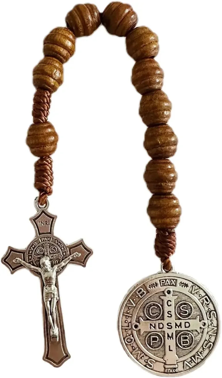 9 Inch Saint Benedict Rosary Necklace Wood Beads Medal Prayer Pocket Catholic Brown Medalla De San Benitol Crucifix N93042
