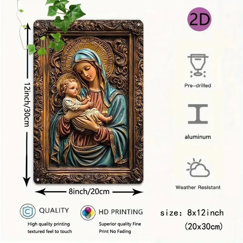 1pc 8x12" Vintage Aluminum Wall Art - Guadalupe Virgin Mary Retro Spanish Plaque, Golden Halo & Stars, Bohemian Style for Home