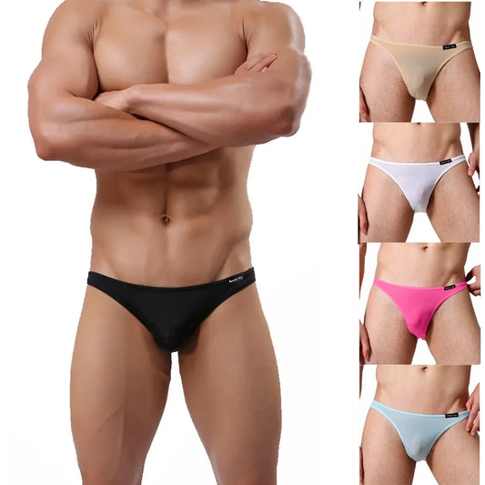 Mens Underwear Transparent Sexy Briefs Solid Color Ice Silk Low-Rise Underwear Thin and Comfortable Lingerie