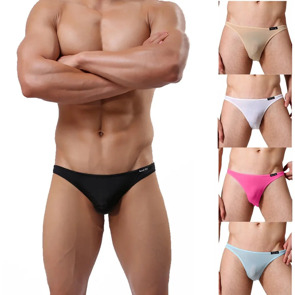 Mens Underwear Transparent Sexy Briefs Solid Color Ice Silk Low-Rise Underwear Thin and Comfortable Lingerie