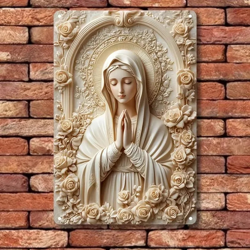 1pc 8x12" Vintage Aluminum Wall Art - Guadalupe Virgin Mary Retro Spanish Plaque, Golden Halo & Stars, Bohemian Style for Home