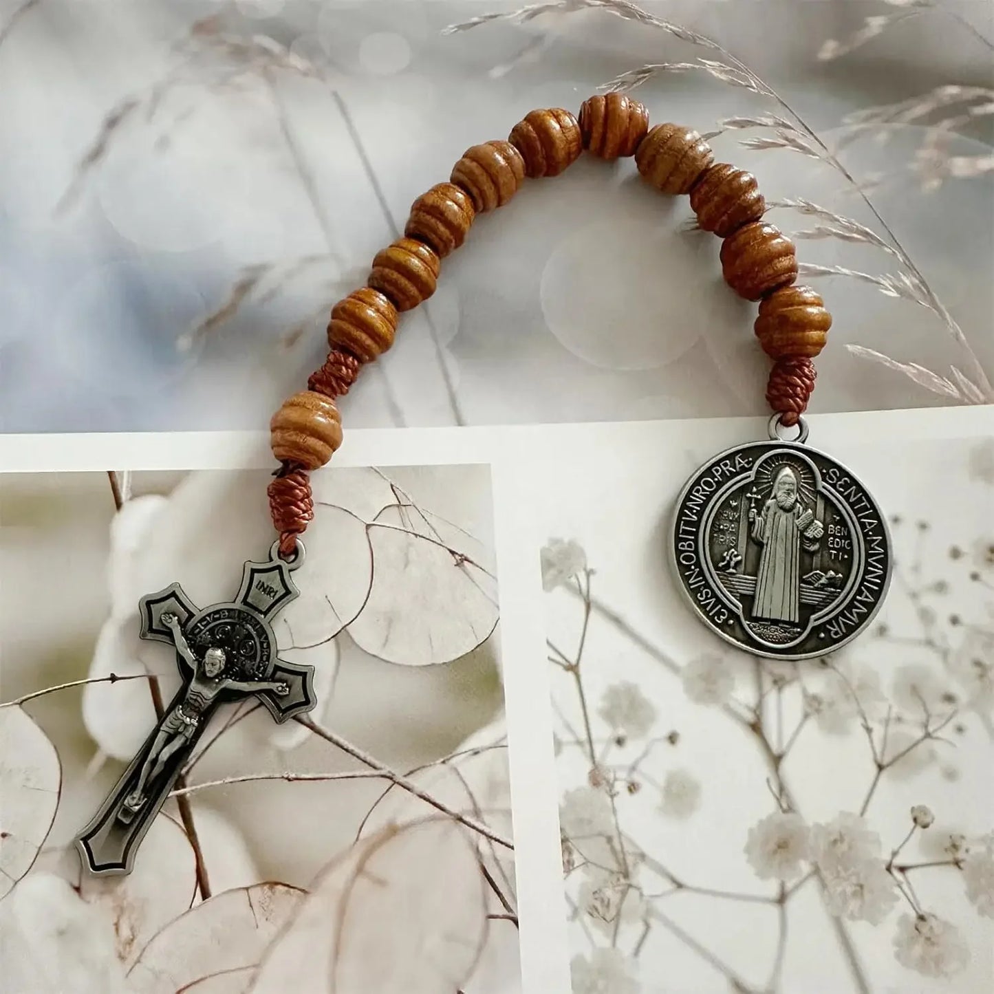 9 Inch Saint Benedict Rosary Necklace Wood Beads Medal Prayer Pocket Catholic Brown Medalla De San Benitol Crucifix N93042
