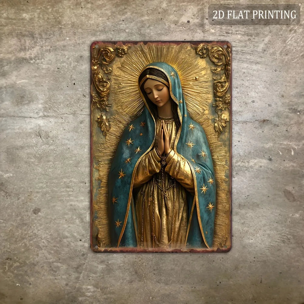 1pc 8x12" Vintage Aluminum Wall Art - Guadalupe Virgin Mary Retro Spanish Plaque, Golden Halo & Stars, Bohemian Style for Home