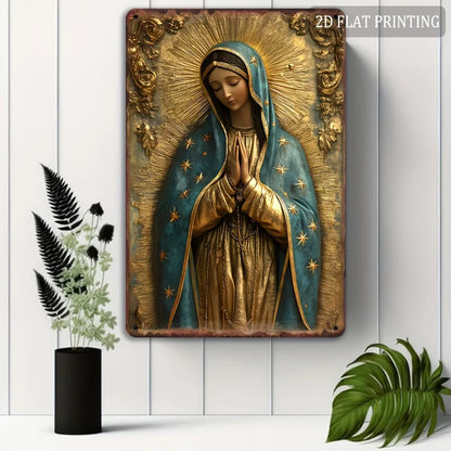 1pc 8x12" Vintage Aluminum Wall Art - Guadalupe Virgin Mary Retro Spanish Plaque, Golden Halo & Stars, Bohemian Style for Home