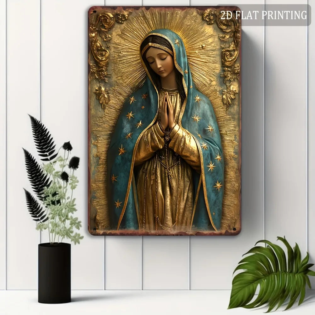 1pc 8x12" Vintage Aluminum Wall Art - Guadalupe Virgin Mary Retro Spanish Plaque, Golden Halo & Stars, Bohemian Style for Home