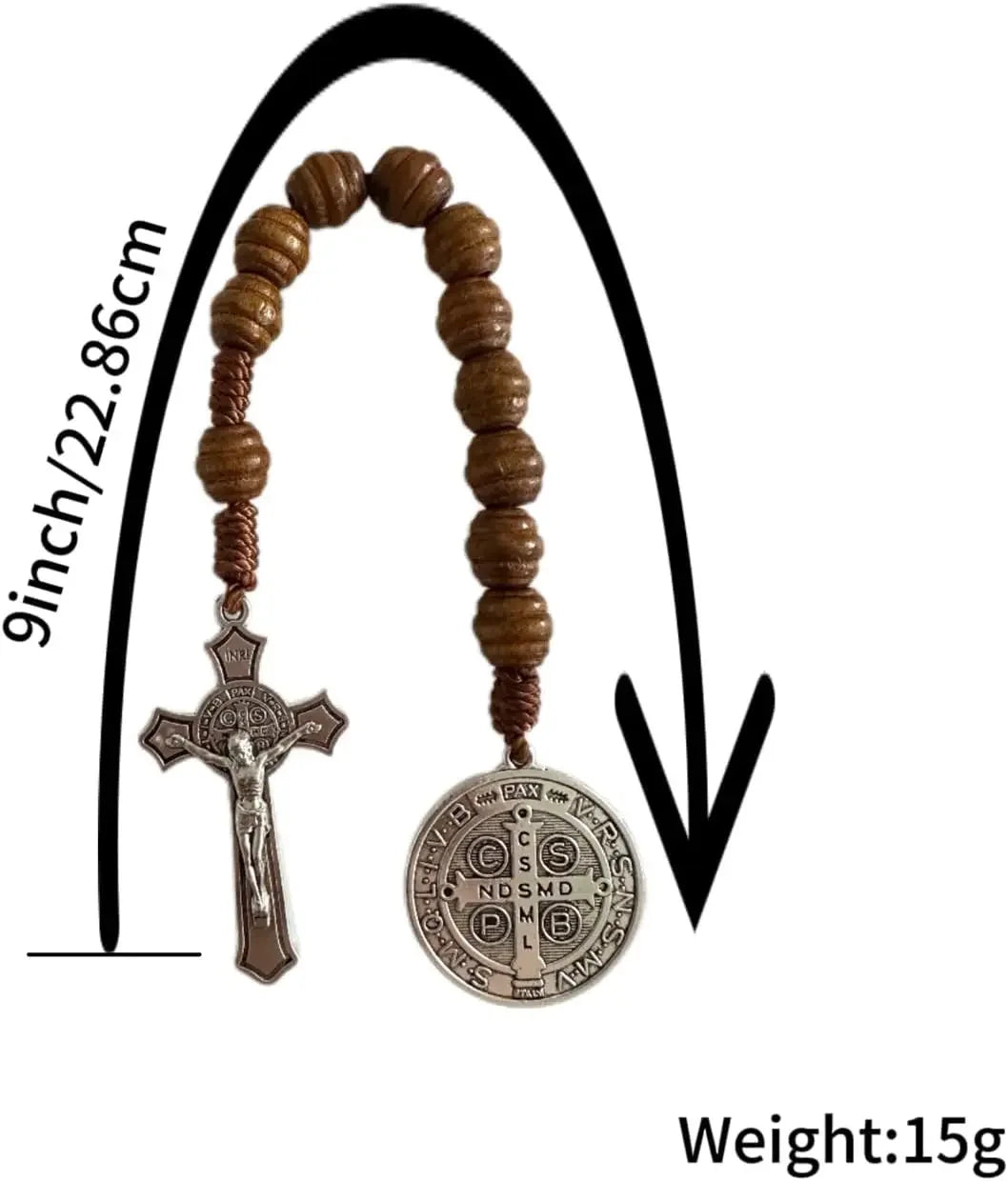 9 Inch Saint Benedict Rosary Necklace Wood Beads Medal Prayer Pocket Catholic Brown Medalla De San Benitol Crucifix N93042