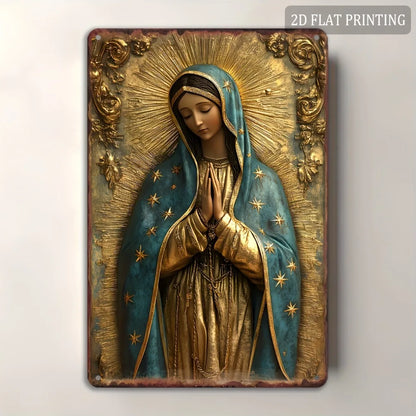 1pc 8x12" Vintage Aluminum Wall Art - Guadalupe Virgin Mary Retro Spanish Plaque, Golden Halo & Stars, Bohemian Style for Home