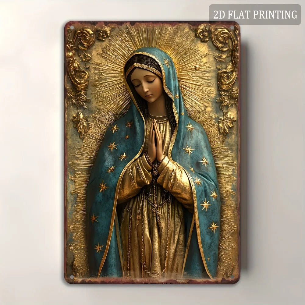 1pc 8x12" Vintage Aluminum Wall Art - Guadalupe Virgin Mary Retro Spanish Plaque, Golden Halo & Stars, Bohemian Style for Home