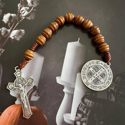 9 Inch Saint Benedict Rosary Necklace Wood Beads Medal Prayer Pocket Catholic Brown Medalla De San Benitol Crucifix N93042