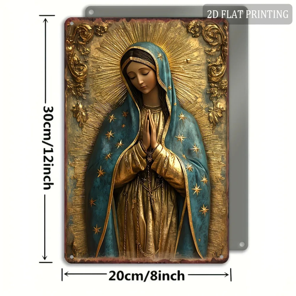 1pc 8x12" Vintage Aluminum Wall Art - Guadalupe Virgin Mary Retro Spanish Plaque, Golden Halo & Stars, Bohemian Style for Home