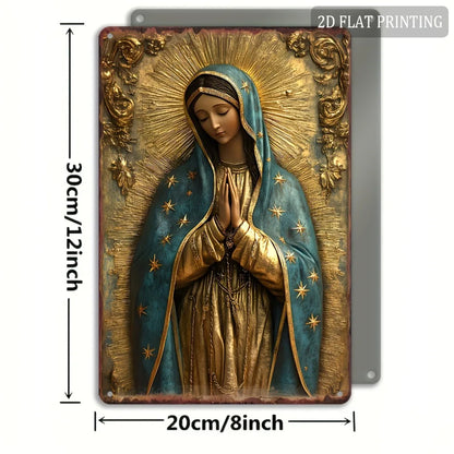 1pc 8x12" Vintage Aluminum Wall Art - Guadalupe Virgin Mary Retro Spanish Plaque, Golden Halo & Stars, Bohemian Style for Home
