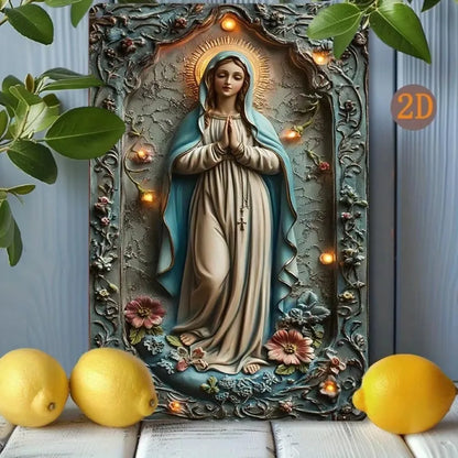 1pc 8x12" Vintage Aluminum Wall Art - Guadalupe Virgin Mary Retro Spanish Plaque, Golden Halo & Stars, Bohemian Style for Home