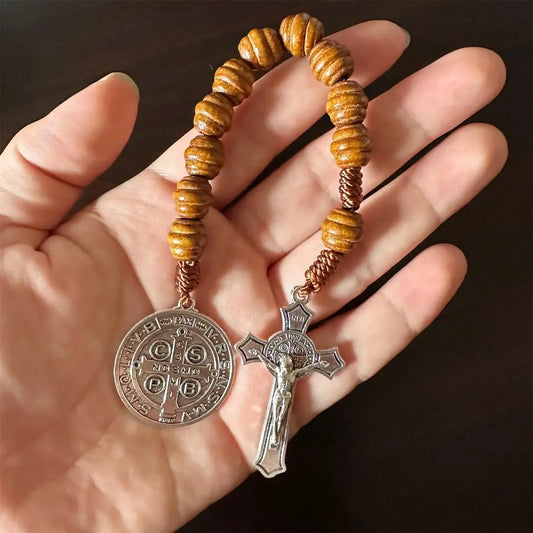 9 Inch Saint Benedict Rosary Necklace Wood Beads Medal Prayer Pocket Catholic Brown Medalla De San Benitol Crucifix N93042