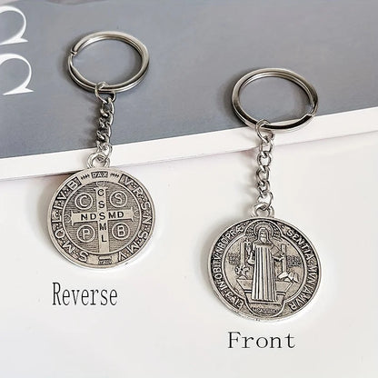 1 Pc Jesus St. Benedict Pendant Keychain Vintage Round Double-Sided Pattern Cross Alloy Key Chain Fashion Keychain Accessories