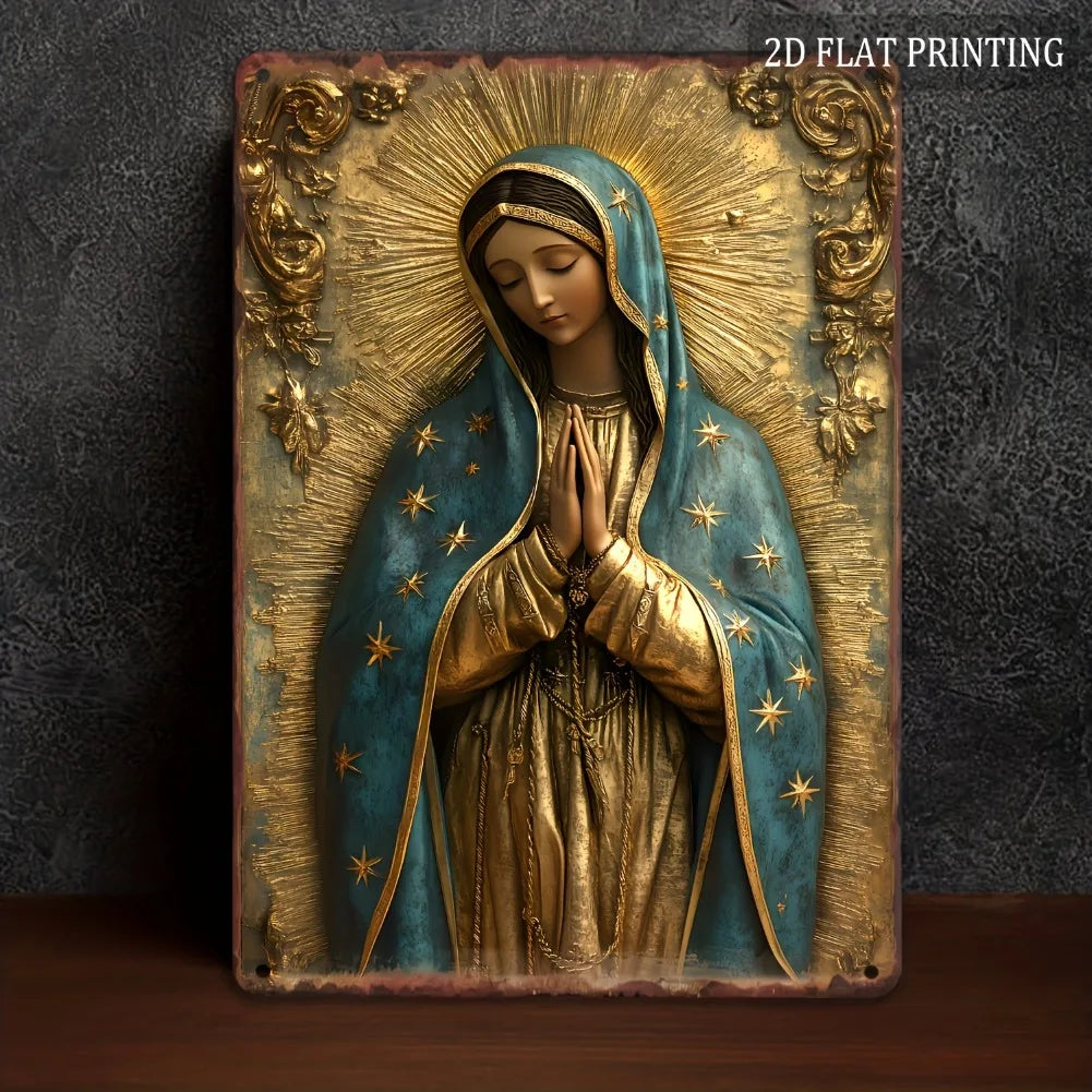 1pc 8x12" Vintage Aluminum Wall Art - Guadalupe Virgin Mary Retro Spanish Plaque, Golden Halo & Stars, Bohemian Style for Home
