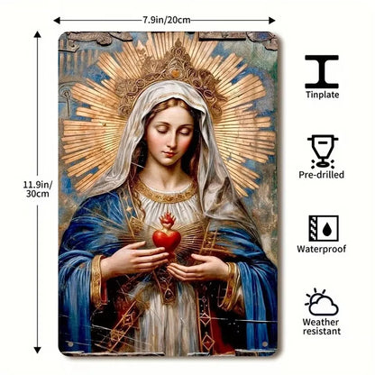 1pc 8x12" Vintage Aluminum Wall Art - Guadalupe Virgin Mary Retro Spanish Plaque, Golden Halo & Stars, Bohemian Style for Home